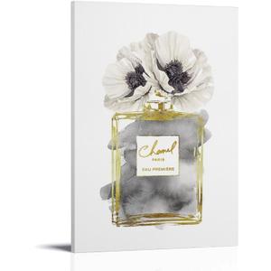 WEboL Fashion Gold Perfume Bottle Grey White Poppy Decorations for Bedroom Decorative Painting Canvas Wall Art Picture Print Modern Family Bedroom Decor 12x18inch(30x45cm),Unframed