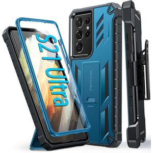 FNTCASE for Samsung Galaxy S21-Ultra Case: Military Shockproof Protective Phone Cover with Belt-Clip Holster & Kickstand, Drop Proof Heavy Duty Rugged Cases for S21Ultra 5G-Blue