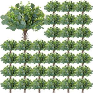 Yunsailing 100 Pcs Faux Eucalyptus Stems with White Seeds Artificial Eucalyptus Leaves Greenery Decor Fake Leaf Branches for Wedding Bouquets Centerpiece Flower Arrangement Farmhouse Home Decoration