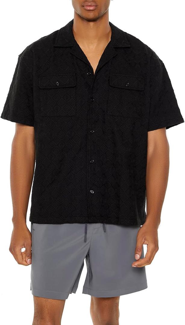 Forever 21 Men's Textured Cuban-Collar Shirt (Large, Black)