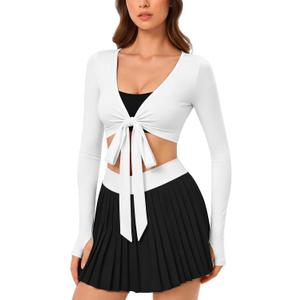 Pilates Wrap Top for Women: Long Sleeve Cropped Tie Front Back V Neck, Secure Fit Ballet Top for Yoga Dance Workout M