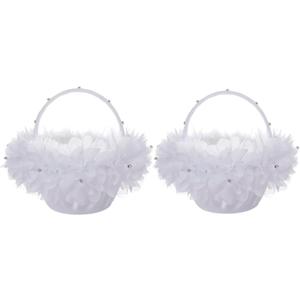 2PC Flower Girl Baskets, White Satin Cloth Baskets with Faux Lace Flowers Decor for Wedding Ceremony Party Desktop Decor