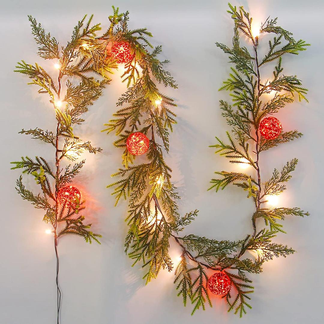 CCINEE 6FT Christmas Garland with Lights Prelit Artificial Xmas Garland with 20 LED Battery Operated Lighted Spruce Garland with Red Christmas Ball for Christmas Tree Home Wall Decor Party Supply