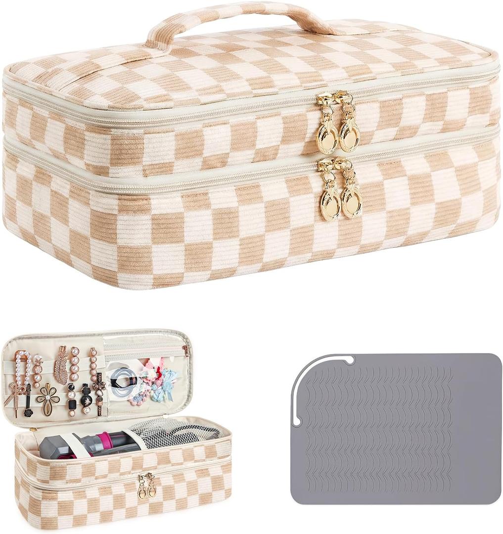 Hair Tools Travel Bag, Double-Layer Corduroy Carrying Case for Hair Dryers & Accessories, Portable Curling Iron Travel Case with Heat Resistant Mat, Elegant Hair Tool Organizer (CHECKED, L)