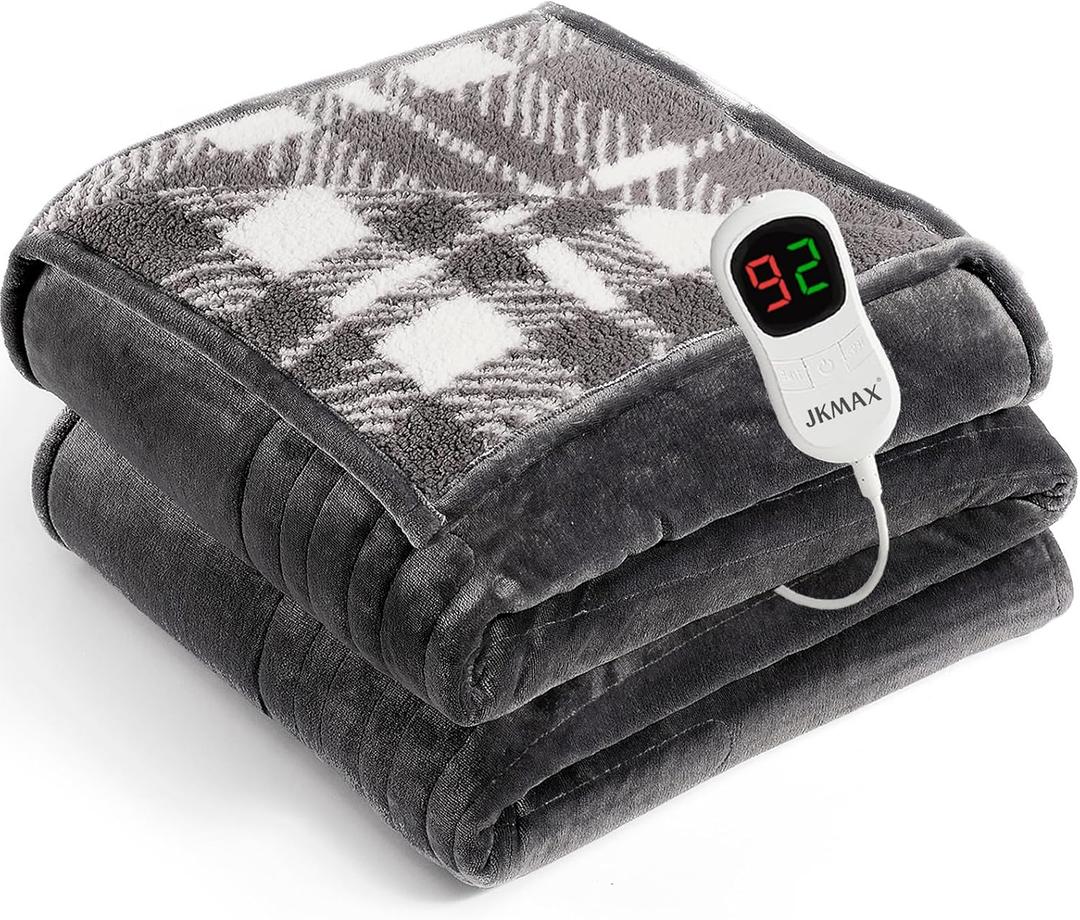 JKMAX Heated Electric Blanket Full Size - 72"x84" Flannel Heating Blanket with 10 Heating Levels & 5 Time Settings Over-Heat Protection, Winter Warmer for Adults with ETL CertificationGrey