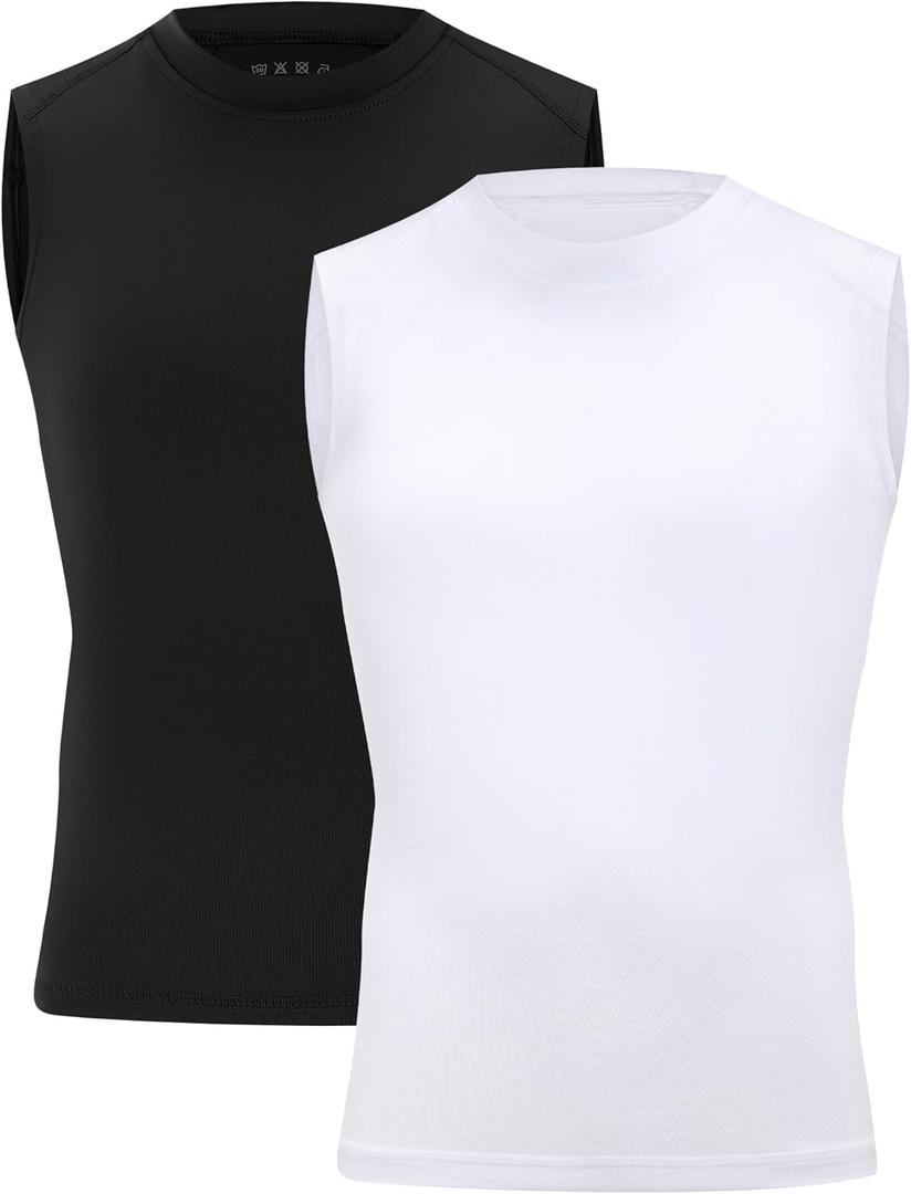 Moozava Youth Sleeveless Compression Shirt Boys Athletic Tank Tops Kids Basketball Football Undershirt (White, XL)