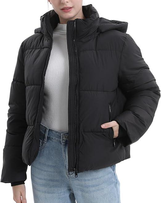 PUFFIT Women's Cropped Puffer Jackets,Warm Winter Jacket with Removable Hood,Zipped Pockets,Short Ladies Quilted Coat, Black, L