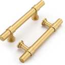 Haliwu 10 Pack 3 inch Hole Center Gold Cabinet Handles Brushed Brass Drawer Pulls for Kitchen Hardware Handles Barrel Dresser Cabinet Pulls