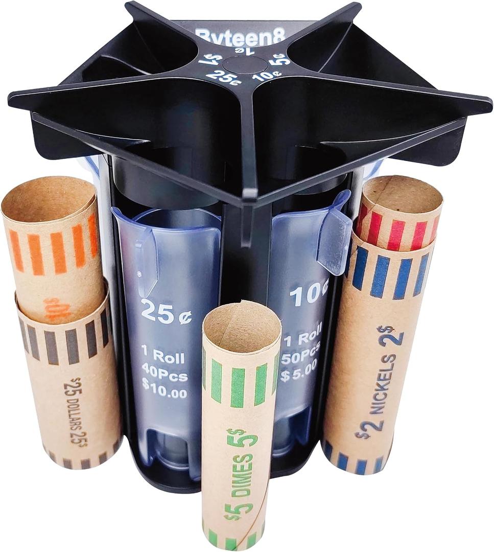 Manual Coin Counter Coin Sorter Tube with Coin Wrappers｜Sort & Roll Your Loose Change Quickly, Black 5-in-1 Coin Organizer Change Counter Machine, Coin Roller Coin Bank Holder｜Easy to Use & Accurate