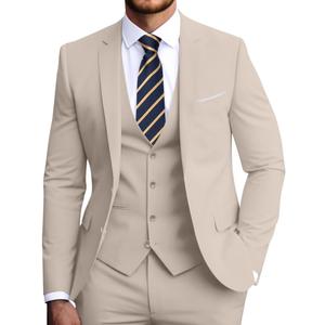 Men's Slim Fit 3-Piece Suit Set, Formal Wedding Tuxedo in Black, Navy Blue (Light Champagne) XS