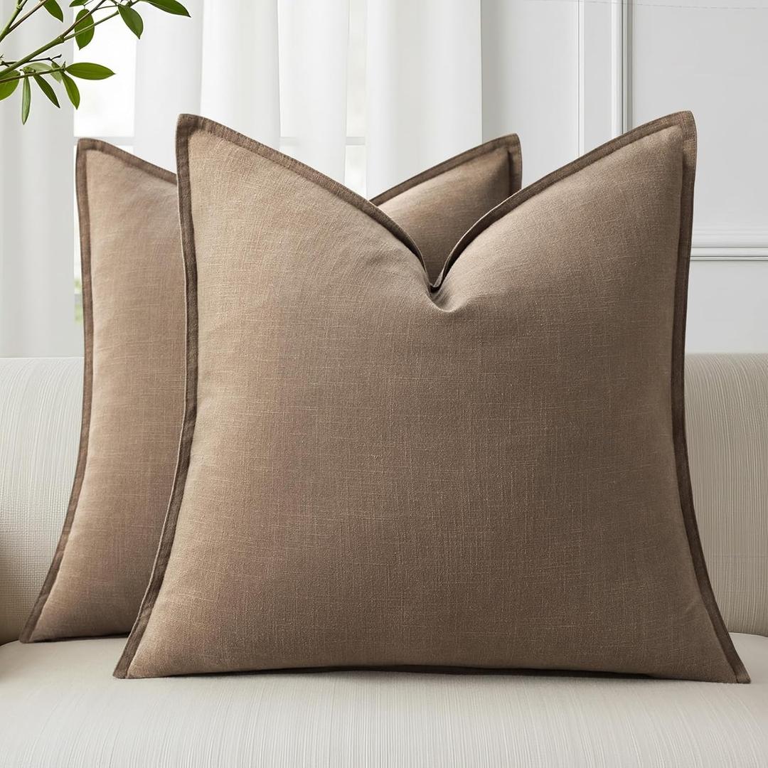 decorUhome Summer Decorative Linen Euro Sham Throw Pillow Covers 26x26 Inch Set of 2 Light Brown Pillow Covers with Flange Edges Soft Farmhouse Boho Accent Pillow Cases for Couch Bed Living Room