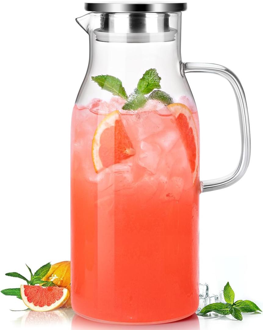 Glass Pitcher with Lid, 2 Liter 68oz Water Pitcher with Handle for Fridge, Large Drink Jug for Iced Tea, Coffee, Juice, Borosilicate Glass Carafe for Hot/Cold Brew Beverage, Heat Resistant