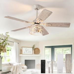 Depuley 52-Inch Ceiling Fans with Lights: Caged Ceiling Fans Dual Finish 5 Blades - Farmhouse Ceiling Fan with Remote Control for Rustic Living Room Outdoor Patio Reversible (White Grey)