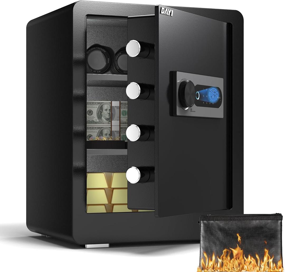 DAYI Biometric Fingerprint Safe Box, 2.0 Cubic Feet Home Safes with Fireproof Bag, Digital Touchpad Security Safe for Money Cash Documents, Dual Alarm System - DF-45 Plus