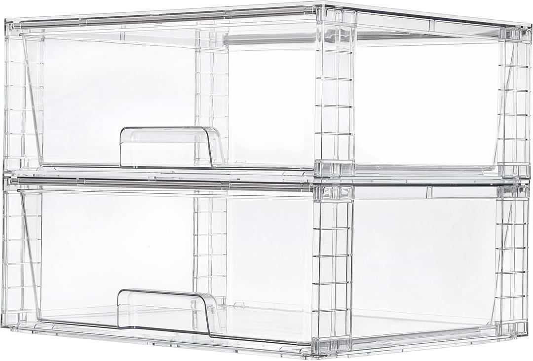 Vtopmart 2 Pack Large Stackable Storage Drawers,Easily Assemble Clear Acrylic Bathroom Closet Undersink Organizers,Plastic Storage Bins for Cabinet,Kitchen Pantry,Medicine Organization