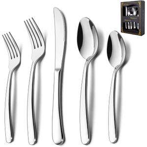 HaWare Heavy Duty Silverware Set, 60-Piece Stainless Steel Flatware Cutlery for 12, Modern & Elegant Design Includes Knives/Forks/Spoons, Mirror Polished and Dishwasher Safe (Round Edge)