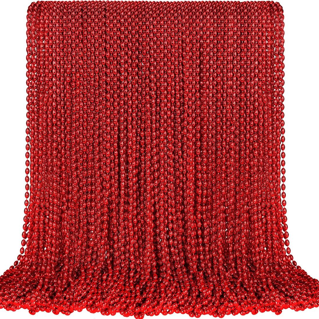 100 PCS Red Mardi Gras Beads, Red Oval Beads Necklaces Christmas Necklaces 30.5" Metallic Beaded Costume Necklaces Party Necklaces for Valentines Christmas Parade Throws Wedding Birthday Party Favors, Small