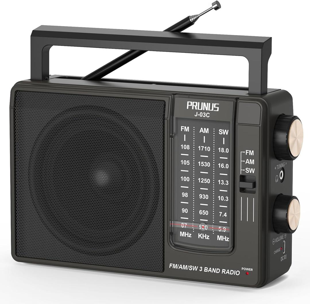 PRUNUS J03C AM FM Radio Portable USB or AA Battery Operated for Home/Outdoor, Large Speaker Excellent Sound, Excellent Reception, Large Tuning Knobs, Gifts for Seniors, No,Internet Radio/Shower Radio