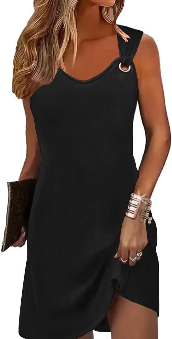 Summer Dresses for Women Sleeveless Casual Sundresses Loose Beach Cover Ups Trendy Tank Midi Sun Dress (Black, XL)