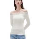 SUUKSESS Cloud Cashmere Women Lace Off Shoulder Fitted Long Sleeve Shirts Basic Knit Going Out Tops (White, S)