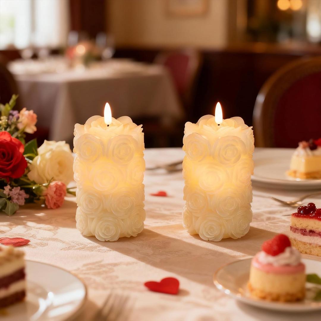 LUSHARBOR Rose Flameless Candles with Remote, Battery Operated Candles Rose Flower for Valentine's Day LED Pillar Candles Battery Powered for Mothers Day & Weddings, Set of 2 Ivory