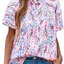 MASCOMODA Womens Tops Summer Boho Floral Short Sleeve Button Down Shirts Crewneck Loose Vacation Dressy Casual Work Blouses, M