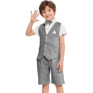 Summer Boys Suit Dress Clothes Kids Wedding Ring Bearer Outfit 3Pcs Shirt Vest Shorts Set  ,Size 130 , Color: Grey