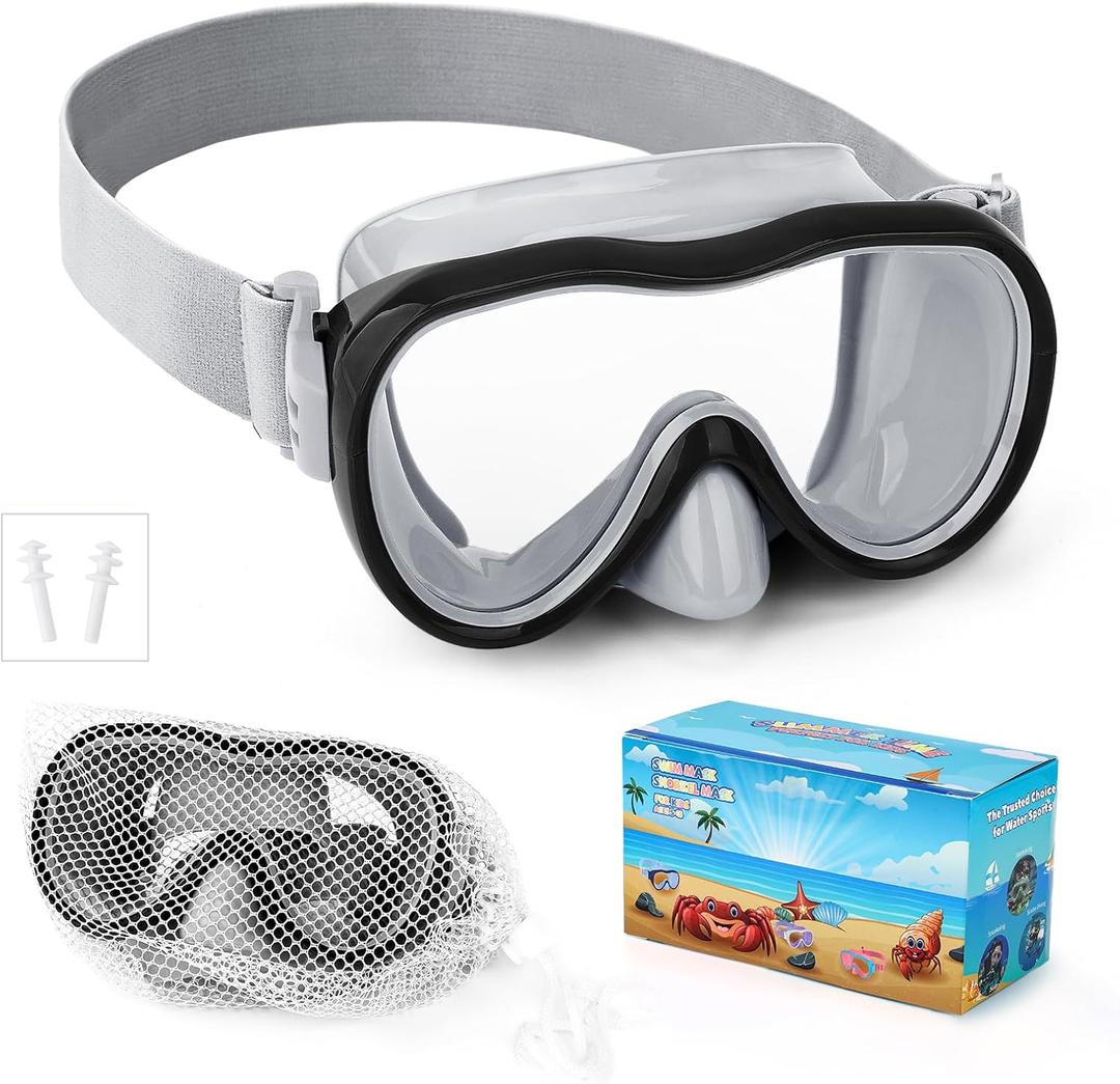 Kids Swim Goggles, Anti-Leak Snork Mask with Nose Cover & Elastic Fabric Strap, UV Protection Swimming Goggles for Kids Boys Girls (Grey)