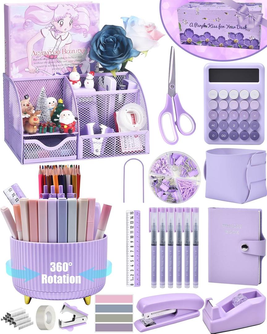 Purple Desk Organizers and Accessories With Mesh Desk Organizer and 360Rotating Pen Holder and a Lot of Office Purple Office Supplies Beautifully Presented in a Gift Box Christmas Gifts