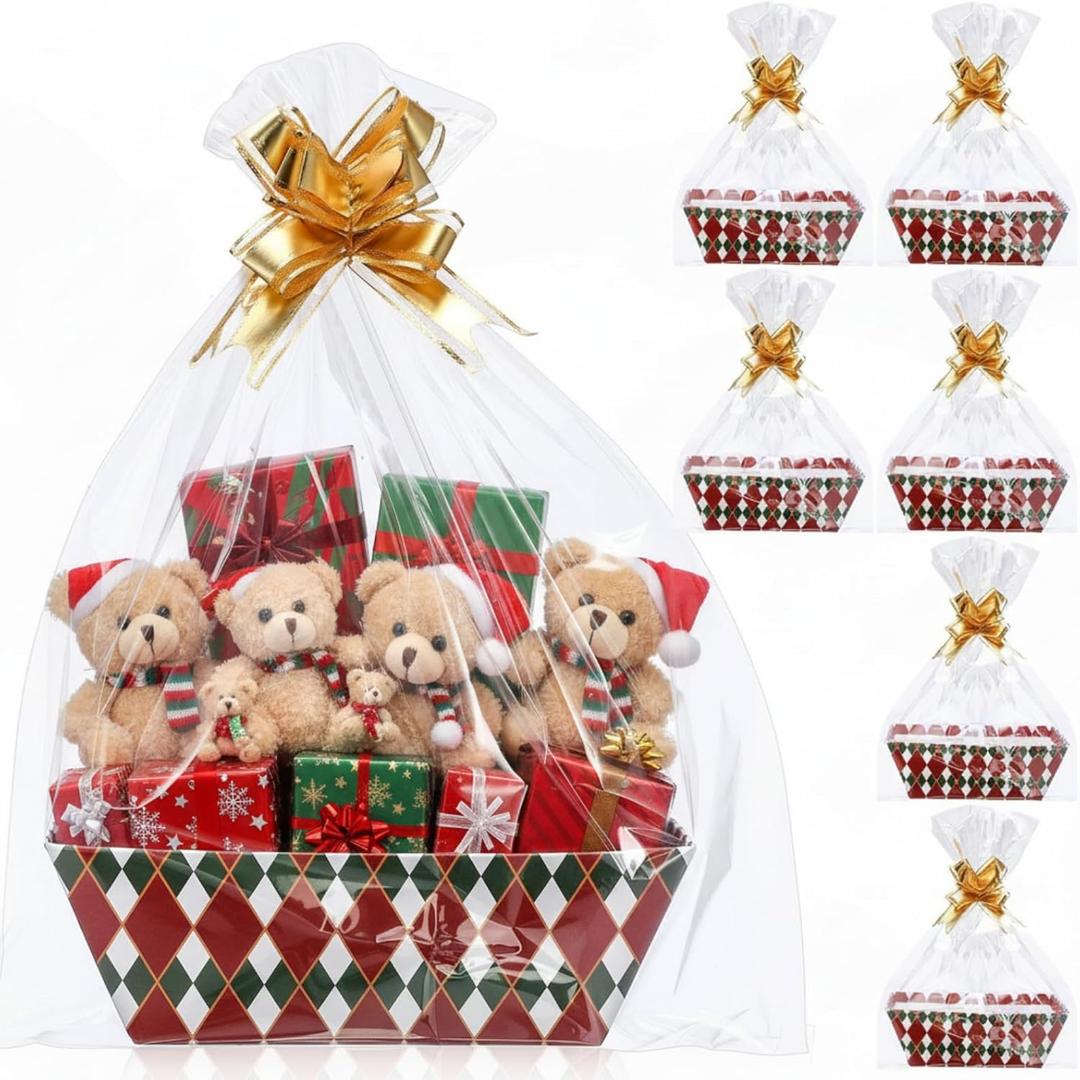 Nuogo 6 Pack 6 x 10'' Christmas Basket for Gift Empty Christmas Basket with Bag, Bow, DIY Gift Basket Box Tray with Handle for Xmas Birthday Party Gifts