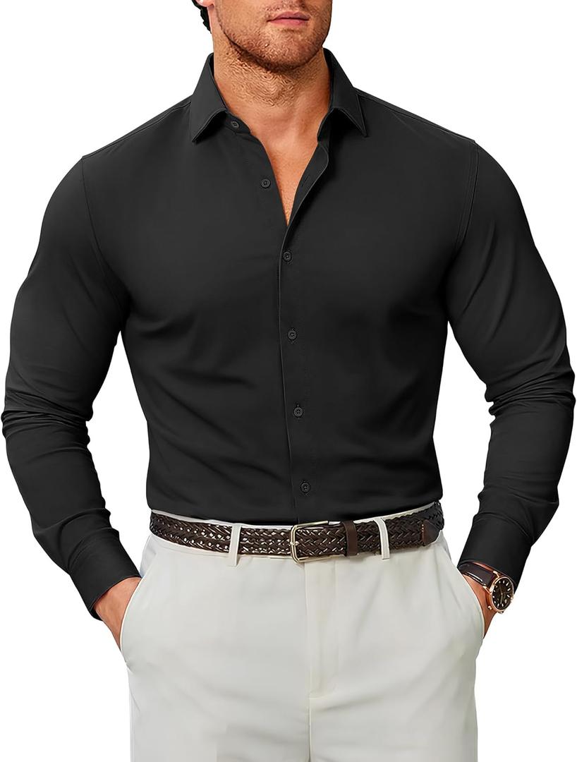 COOFANDY Mens Stretch Dress Shirts Muscle Fit Wrinkle Free Long Sleeve Button Down Shirt Business Casual Shirts (Black, S)