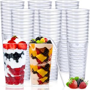 Chengu 3 oz Clear Plastic Mini Dessert Cups with Spoons Shooter Round Dessert Cups Parfait Appetizer Shot Glasses Disposable Tall Tumbler for Tasting Party Sample (200 Pieces,Classic)