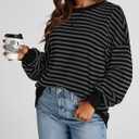 BTFBM Sweatshirt For Women 2026 Summer Crewneck Long Sleeve Oversized Striped Pullover Tops Y2K Clothes Workout Shirt (Black, L)