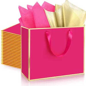 ReliThick 12 Pack Metallic Paper Gift Bag with Handles and Tissue Paper 11.8 x 10 x 4'' Thank You Favor Bag for Graduation Mother's Day Wedding Bridesmaid Groomsman 5 Senses Gifts (Hot Pink,Gold)