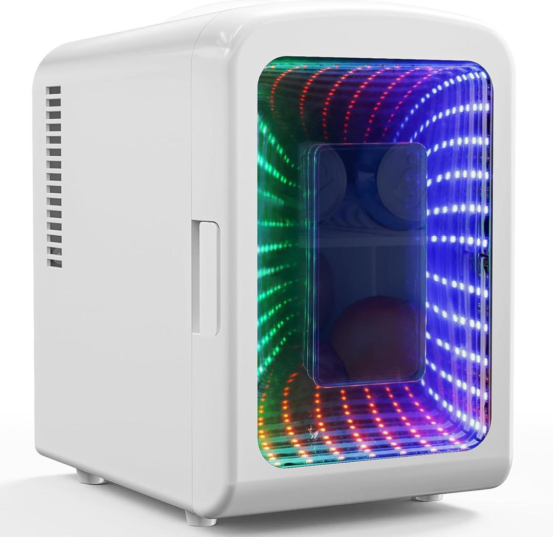 Antarctic Star Mini Compact Refrigerator with Gaming Light, 4L Capacity/6 Cans Portable Mini Fridge, for Bedroom,Car,Office and Dorm, Small Cooler for Cosmetics, Beverage and Food, White