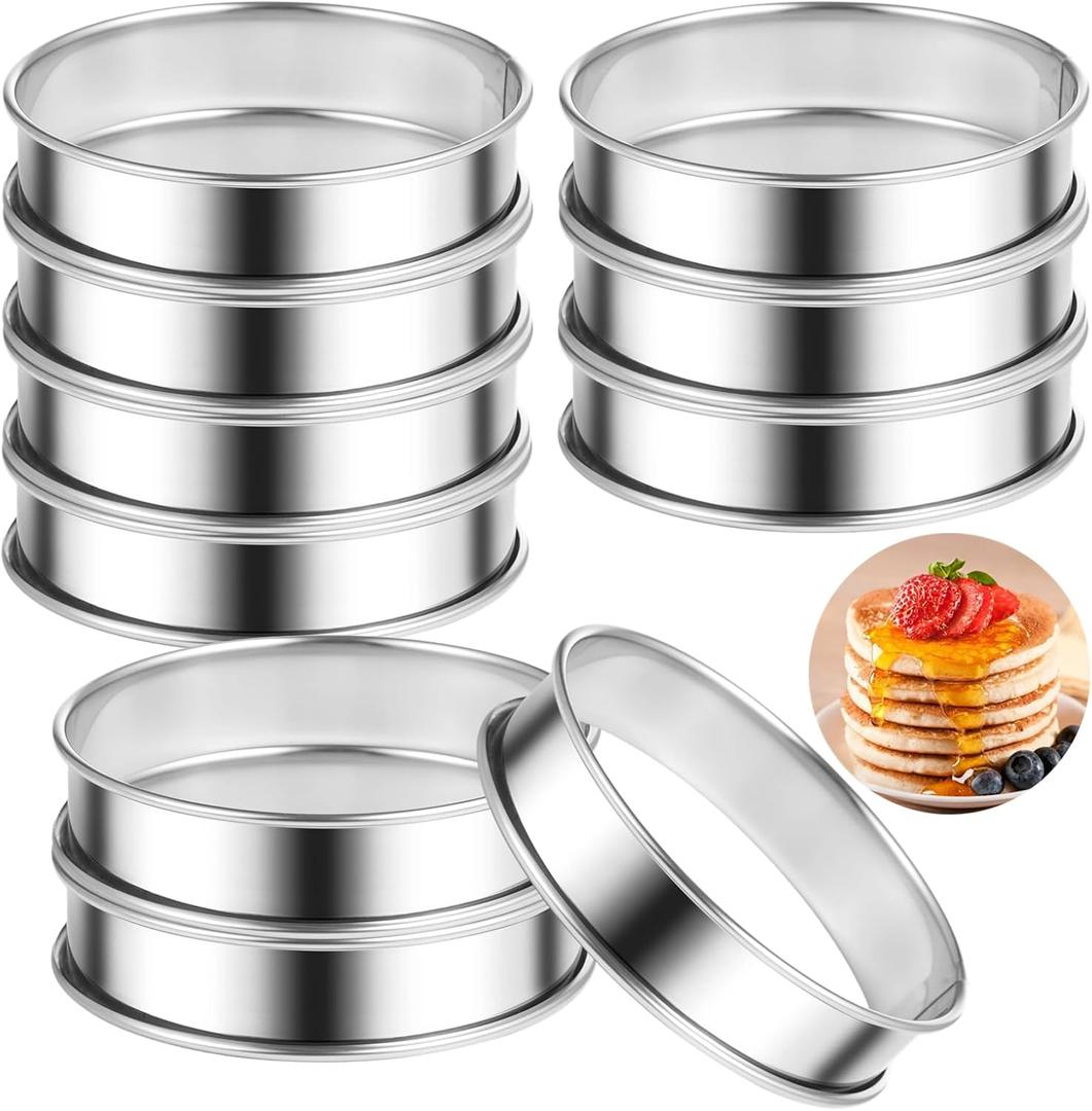 10 Pcs English Muffin Rings Nonstick Crumpet Rings 4 Inch Stainless Steel Round Double Rolled Tart Ring Cooking Molds for Cookies, Pancakes, Pastry (Silver)