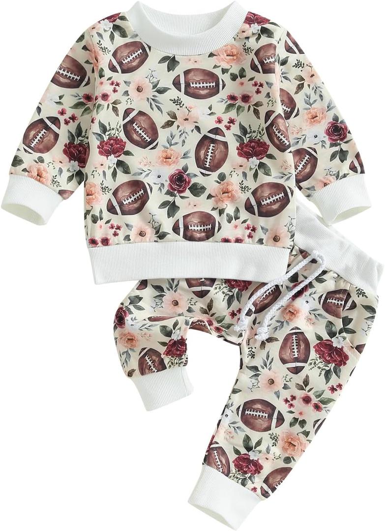 Newborn Baby Girl Boy Clothes Football Long Sleeve Crewneck Pullover Sweatshirt Long Pants Fall Winter Outfit (Beige)