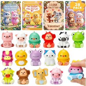 28 Valentines Day Cards with Cute Animal Squishy Toys  Classroom Exchange Valentines for Kids, Pun Cards, Stress Relief Slow-Rising Squishies, School Party Gift Set