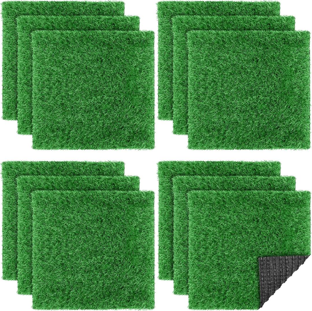 TURSTIN 12 Pieces Artificial Grass Mat Square 12 x 12 Inch Fake Turf Patch Indoor Outdoor Garden Lawn Patio Balcony Synthetic Turf Mat Realistic Grass Rug for Crafts Miniature Garden DIY, Dark Green