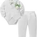 SANMIO Baby Boy Clothes Suits Infant Gentleman Outfit Collared Dress Shirt+Vest+Tie+Corsage+Pants 5Pcs Baby Suit Sets, Size 12-18M