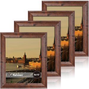 iRahmen 8x10 Picture Frame Set of 4, Brown Rustic Vintage Photo Frame with Real Glass, 8 x 10 Frames for Wall Mount and Tabletop Display