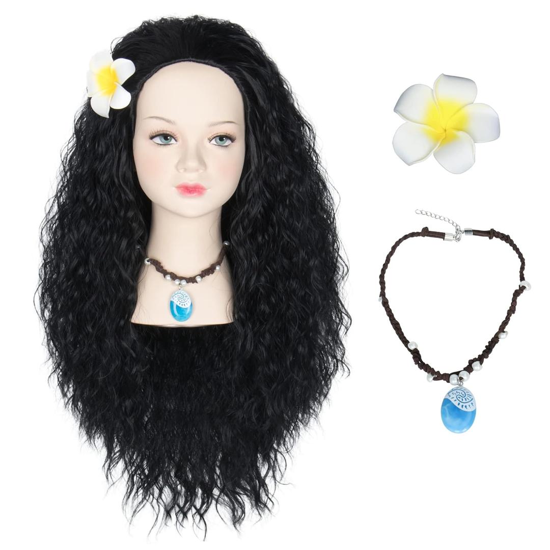 Miss U Hair Child Princess Black Wig Long Curly Girl's Party Halloween Wig with Flower and Necklace