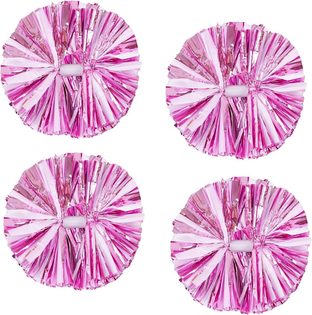 4Pcs Metallic Cheerleading Pom Poms, Creatiee 2 Pair Cheerleader Cheering Squad Pompoms for School Sports Dance Games Team Spirit Cheer (Pink-White)