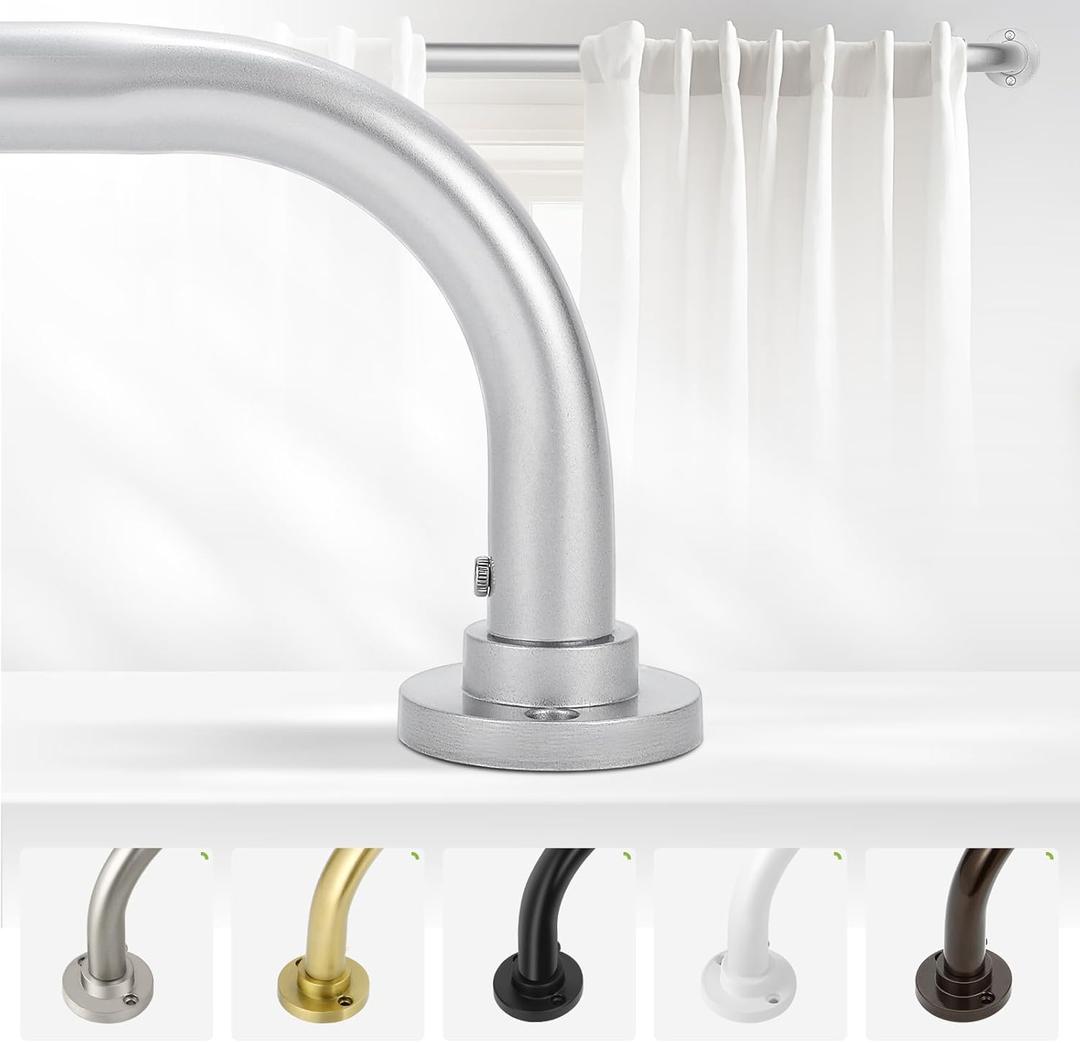 Silver Wrap Around Curtain Rods 48 to 90 Inch:Blackout Heavy duty Adjustable Window Curtain Rod for Bedroom,Industrial Darkening Curved French Metal Single Drapery Rods Easy Install,Nickel