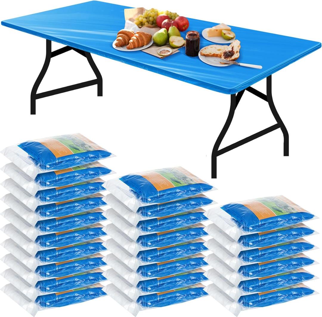 Boao 24 Pcs Summer Plastic Table Cloth Rectangle Picnic Table Covers Elastic Fitted Tablecloth, Disposable Waterproof for Camping, Indoor, Outdoor, Folding Tables (Blue, 6 Ft, 72 x 30 Inch)