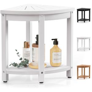 Waterproof Corner Shower Stool for Inside Shower, Poly Lumber Shower Bench Seat Chair, Bath Shower Stool for Shaving Legs Foot Rest with Storage Shelf, Adjustable & Non-Slip Feet, White
