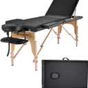 Portable Massage Table Massage Bed Professional SPA Reiki Eyelash Salon Bed, Wooden Frame Height Adjustment & Accessories, Black (3-Section), Onesize