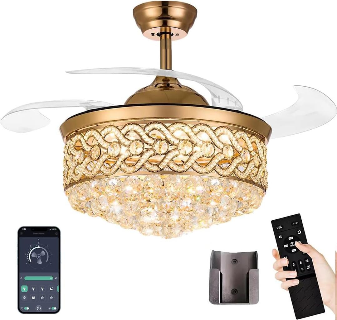 Crystal Fandelier Ceiling Fan with Light and Remote Dimmable 500-6500K Retractable Blades Chandelier Ceiling Fan with Memory Function Modern Ceiling Fans with Lights for Bedroom 42 Inch Gold