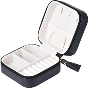 Luxury Leather Travel Jewelry Box for Women Mini Organizer Small Jewelry Portable Travel Case for Rings Earrings Necklace Multifunctional Storage Wedding Bridesmaids Women Wife Daughter Gift (BLACK)