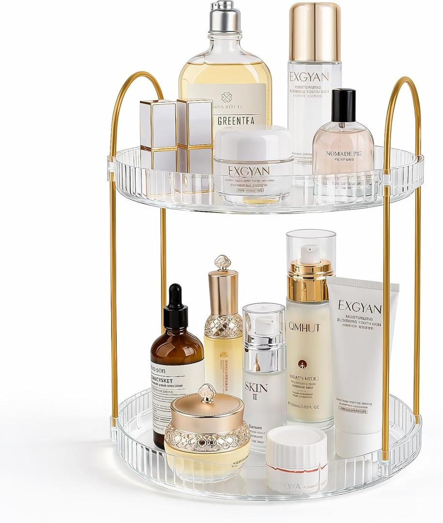 360° Rotating Makeup Organizer 2 Tier Large Capacity Perfume Skincare Tray for Dresser Spinning Bathroom Counter Organizer for Vanity Lazy Susan Turntable Storage for Kitchen, Clear